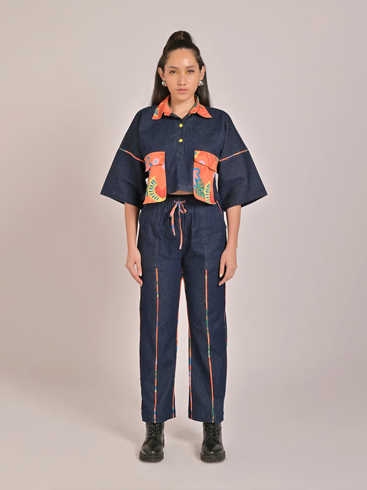 Birdsong Denim Cropped Shirt With Straight Pants