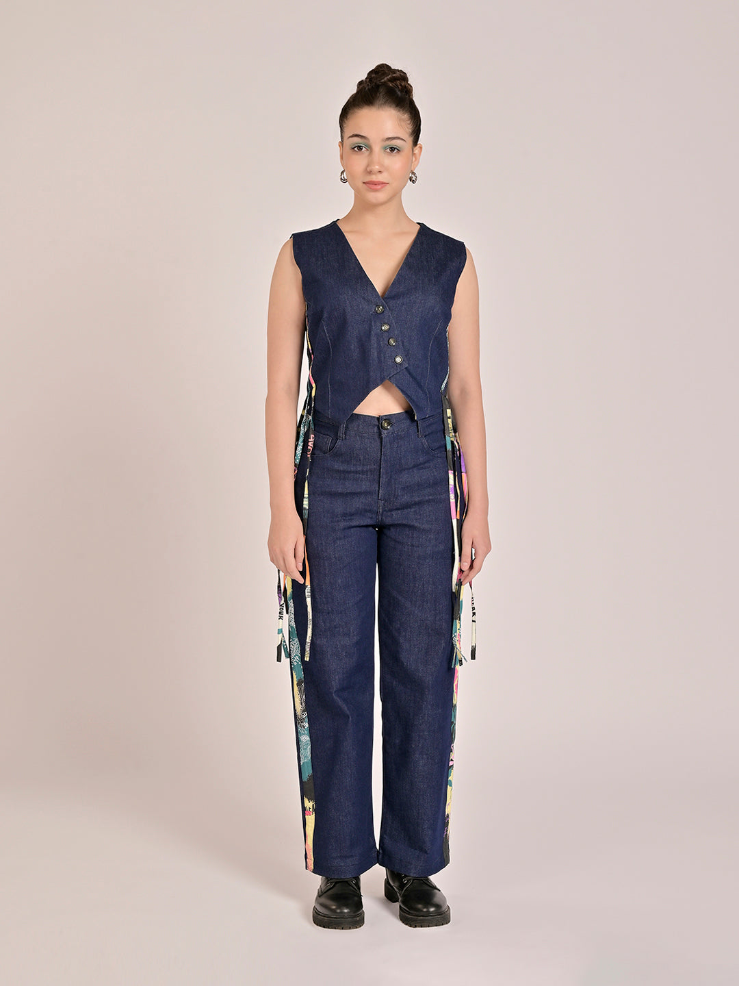 Tagged Denim Waistcoat With Straight Pants