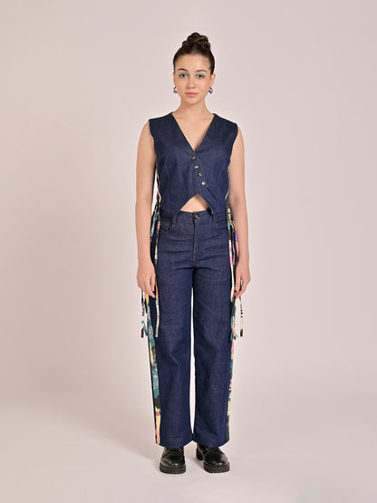 Tagged Denim Waistcoat With Straight Pants