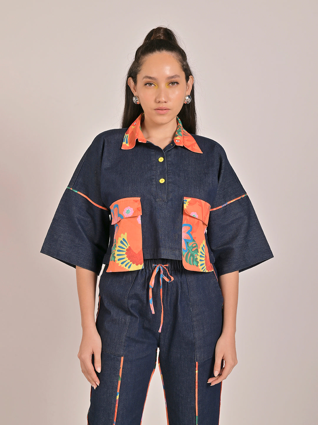 Birdsong Denim Cropped Shirt With Straight Pants