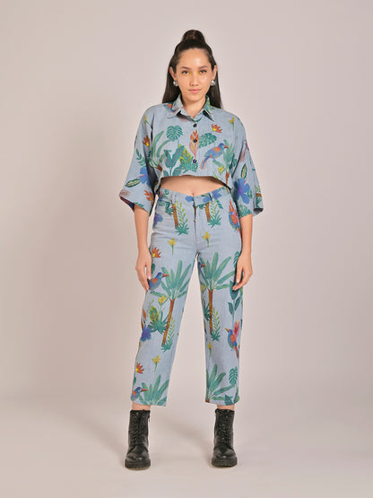 Foliage Cropped Shirt With Straight Pants