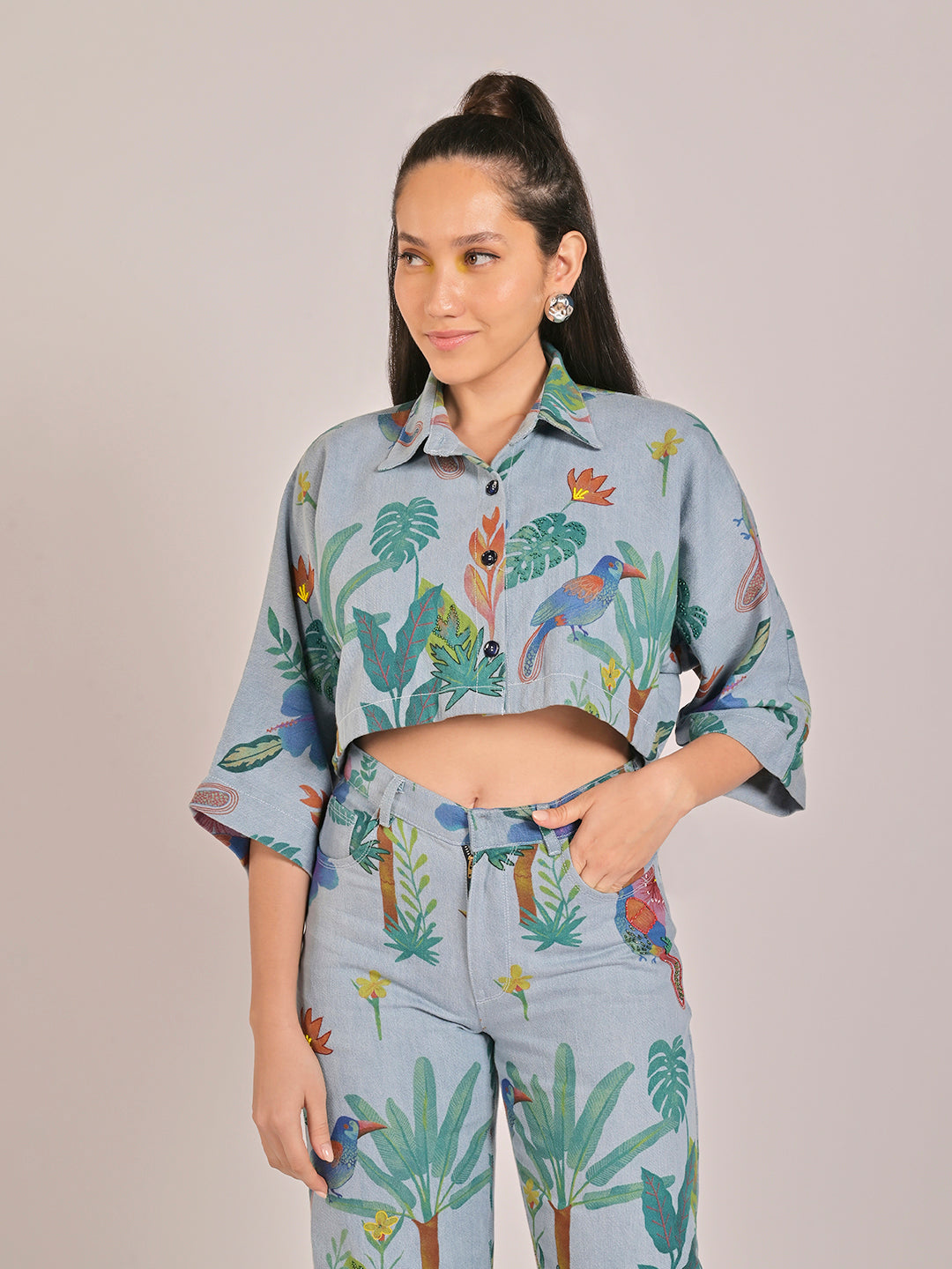 Foliage Cropped Shirt With Straight Pants